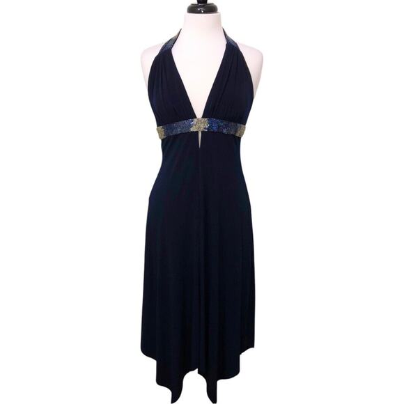 Cache Midnight Blue Beaded Halter Handkerchief Hem Dress 12 EUC - Picture 1 of 8